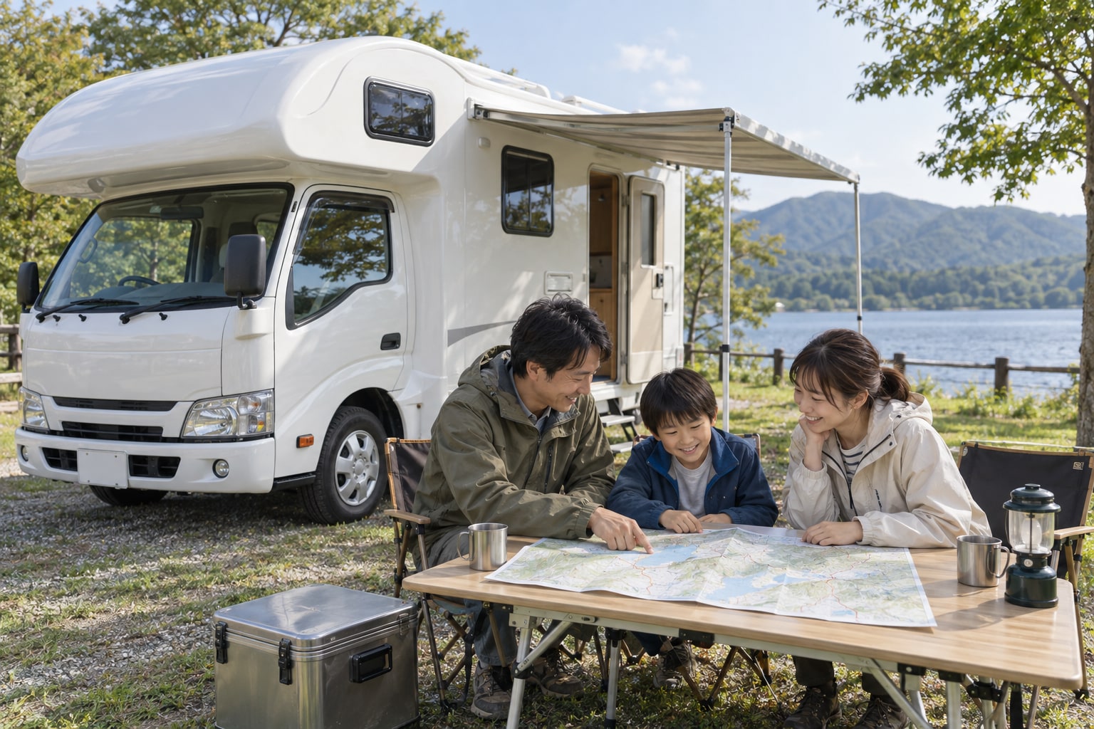湖畔のキャンピングカーのそばで地図を囲む家族のAI生成イメージ