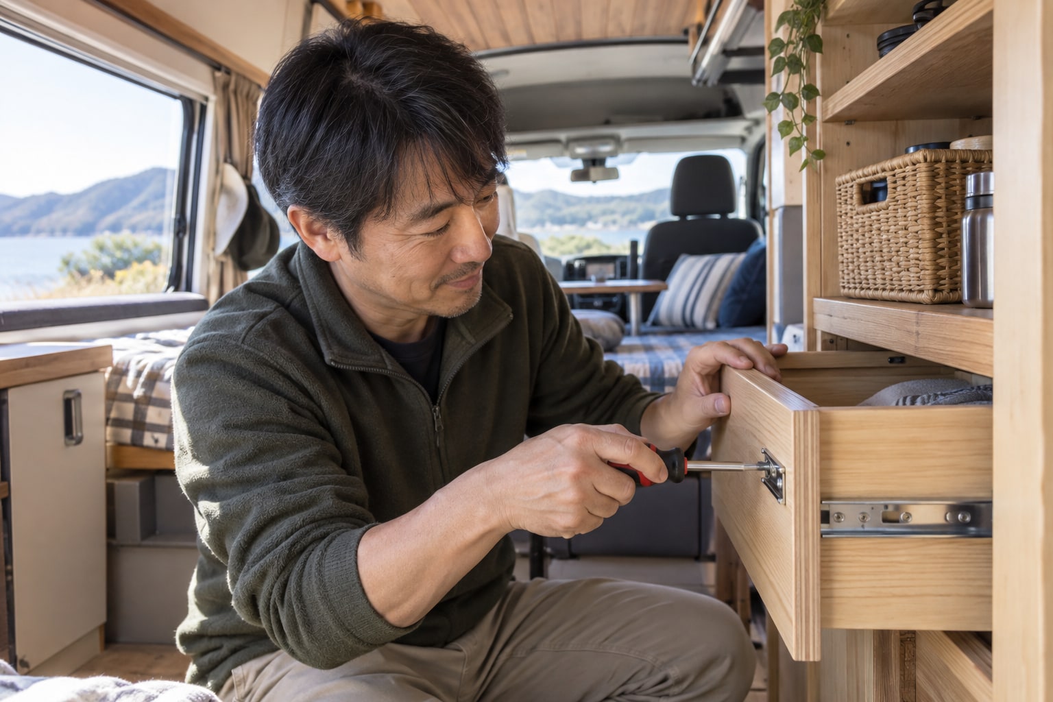 キャンピングカーの木製収納を手工具で調整するDIYのAI生成イメージ