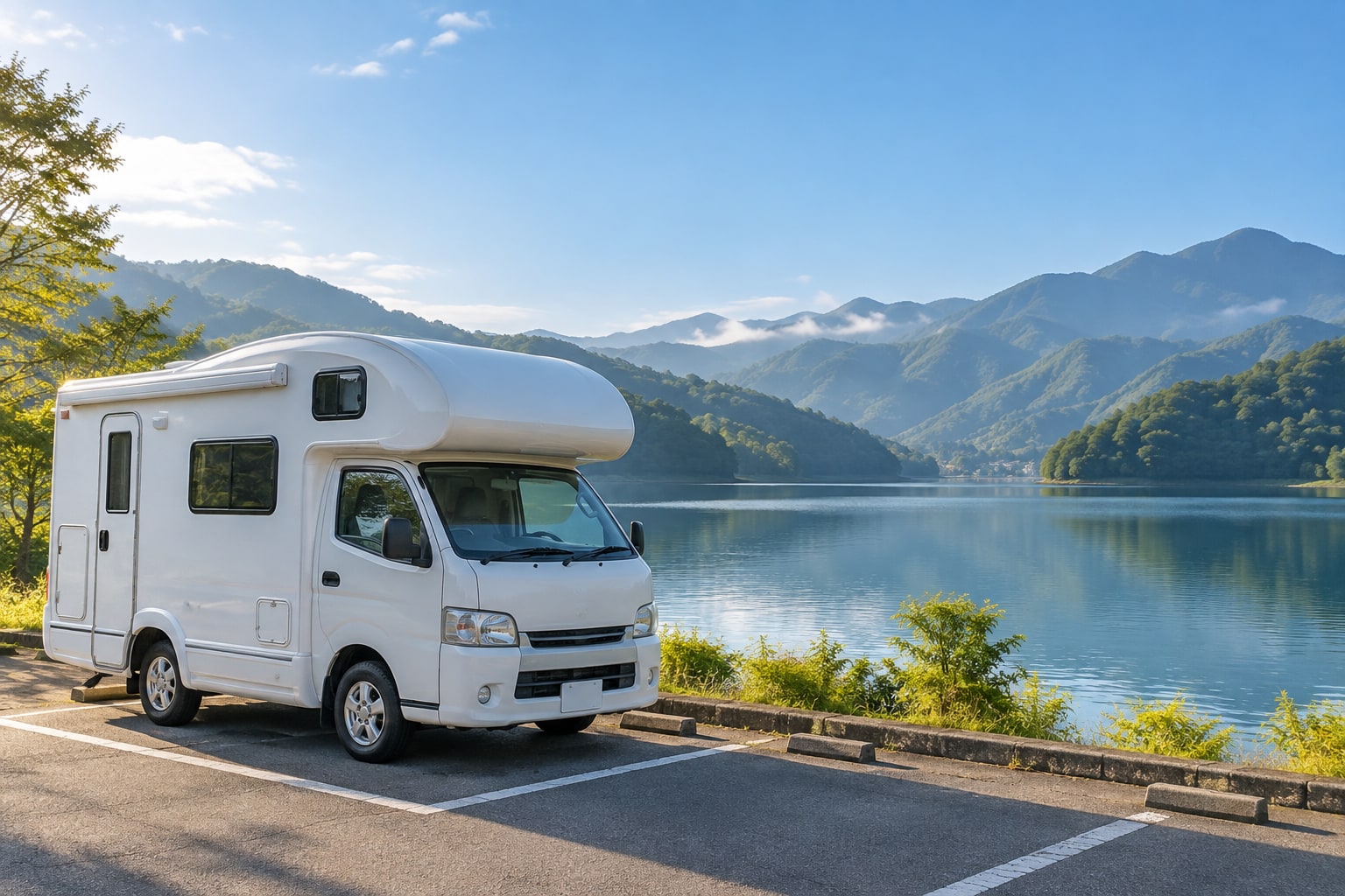 朝の湖と山並みを背景に停まるキャンピングカーのAI生成イメージ