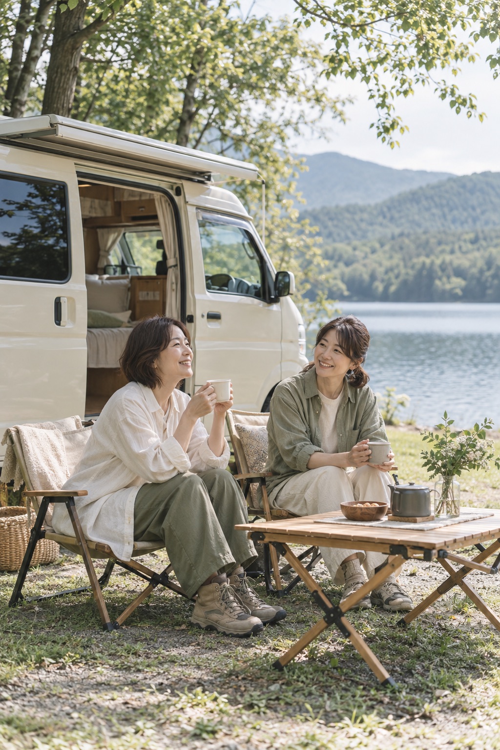 湖畔のキャンピングカーのそばでお茶を楽しむ女性たちのAI生成イメージ